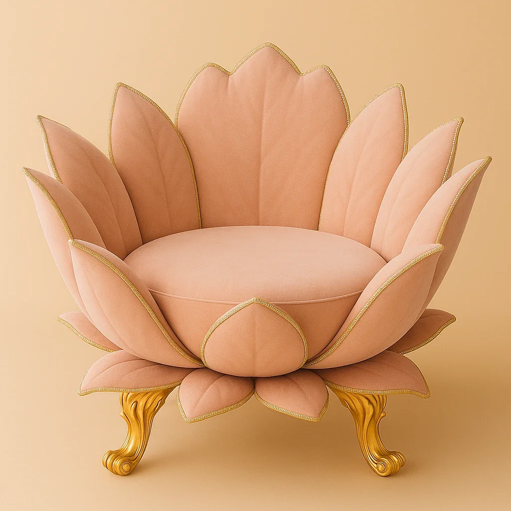 Shanti Co.’s original Lotus Throne luxury concept with blush petals and ornate gold legs; the complete chair is shown.