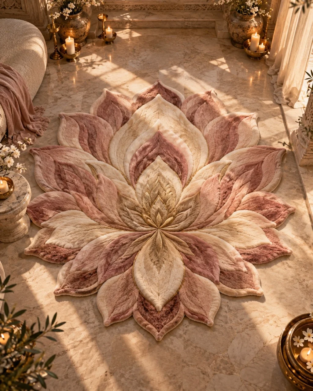 Lotus Ritual Rug concept with layered dusty rose, blush and ivory petals in a warm interior.