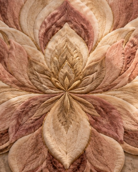 Crop of the approved rug concept showing the nested center petals, their radiating junction and restrained gold-toned details.