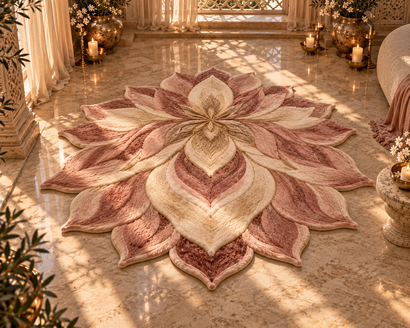 AI camera concept showing the lotus rug from the opposite side at a lower three-quarter angle; an interpreted view, not a product photograph.