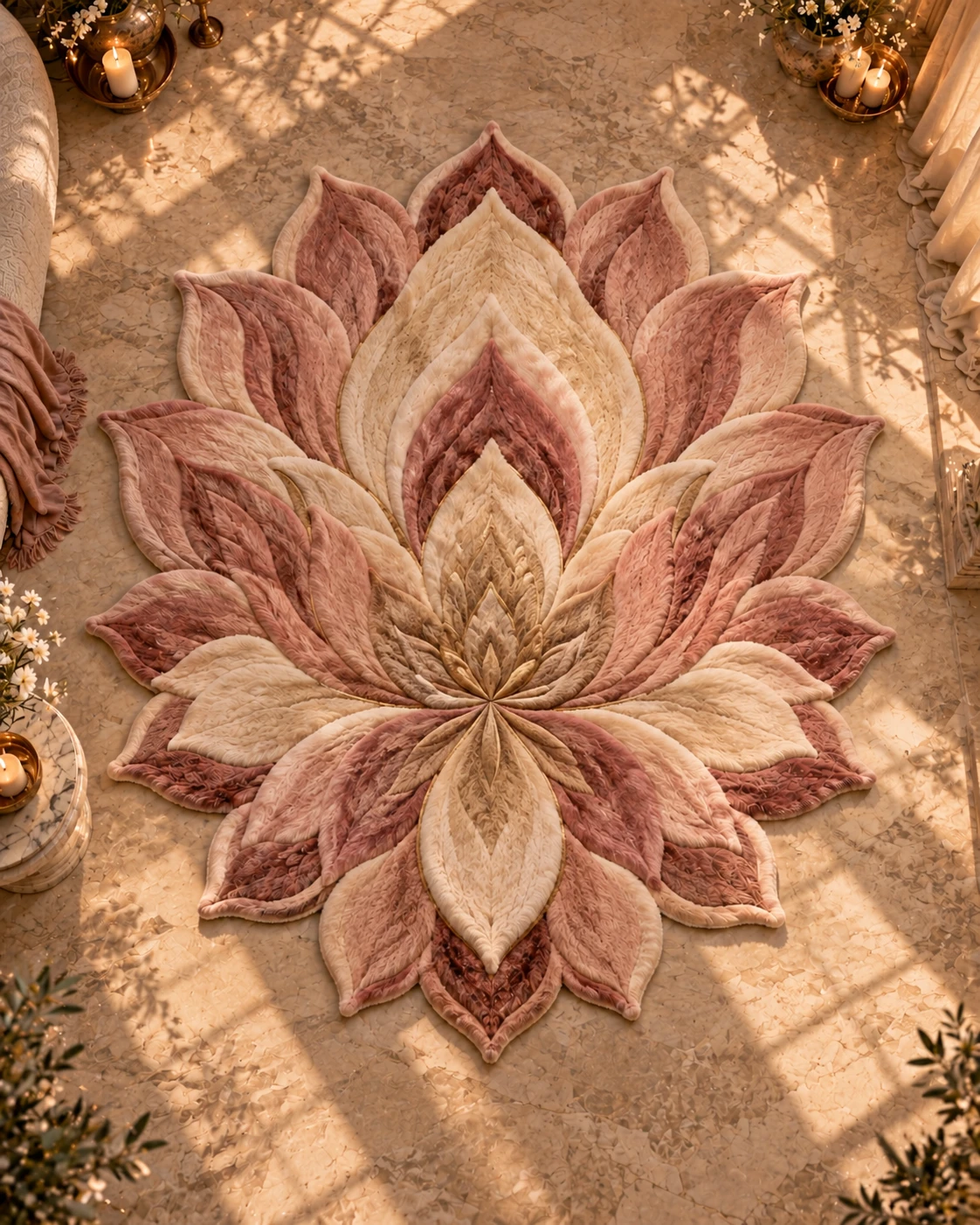 AI camera concept showing the full ivory and dusty-rose lotus outline from above; an interpreted view, not a product photograph.
